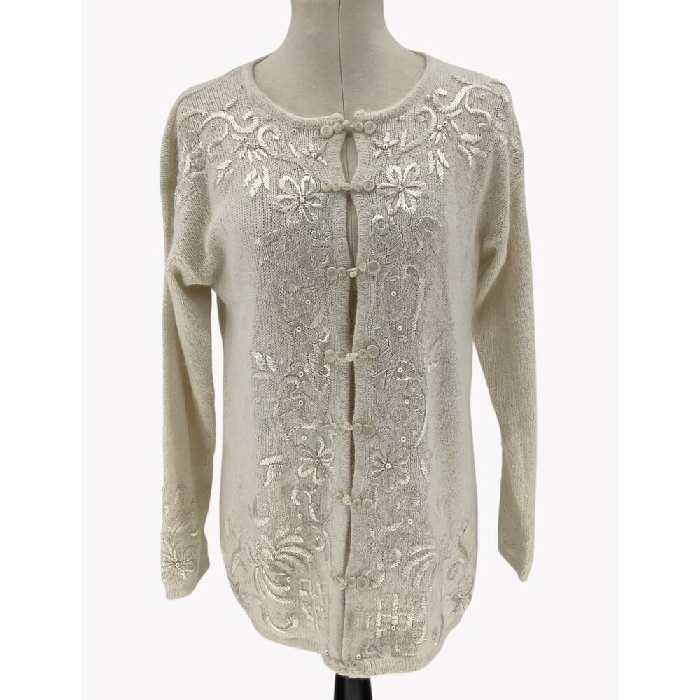 Rebecca Stone Ivory Cardigan Sweater Floral Beading & Button Closure Womens M